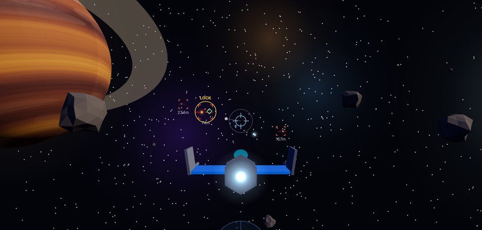 Nova Strike gameplay: the player's spaceship flying past a ringed planet with enemy fighters targeted ahead