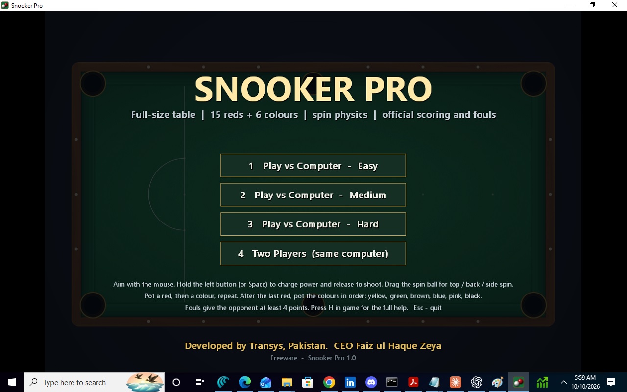 Snooker Pro gameplay screenshot showing a snooker table with the aim guide